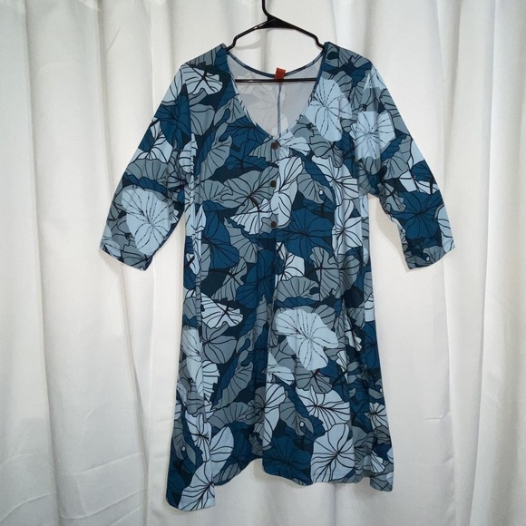 HOMEGROWN Hawaiian Blue Kalo (Taro) Leaves Button Down Dress Womens XL-16 Aloha - Picture 1 of 7